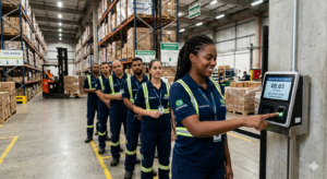 Funcionários trabalhando em logística conferindo banco de horas na empresa.