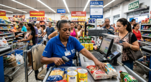 Operadora de supermercado trabalhando no comércio varejista e recebendo adicional de quebra de caixa.