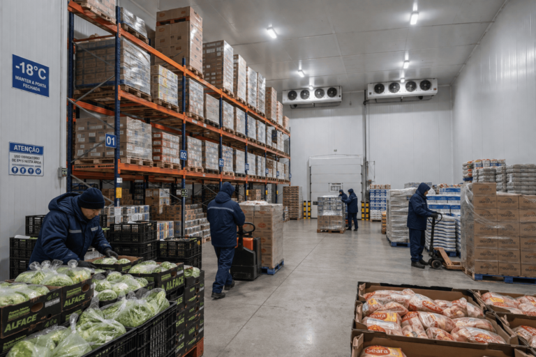 Trabalho em câmara fria de supermercado com caixas organizadas e névoa de congelamento.